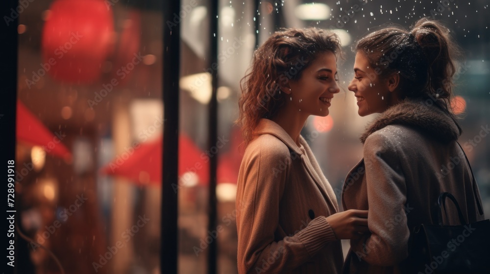 A couple in love near a shop window are walking in rainy weather.