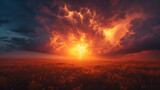 A towering supercell thunderstorm looms over a serene prairie at sunset, lightning branching across the sky