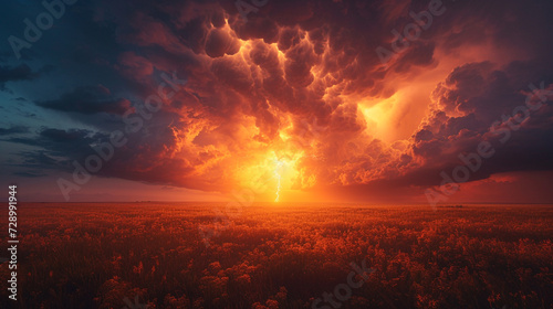 A towering supercell thunderstorm looms over a serene prairie at sunset, lightning branching across the sky