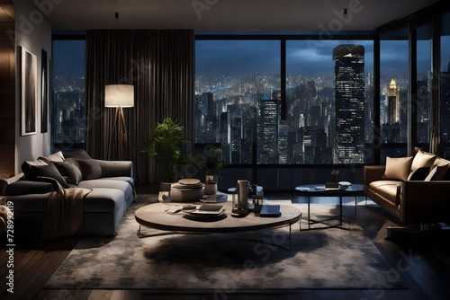 A luxurious, modern living room with a panoramic view of the city at night, captured by an HD camera. © Pareshy