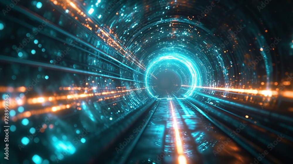 Futuristic journey down an illuminated tunnel of light, where vibrant streaks meet to create high-speed motion