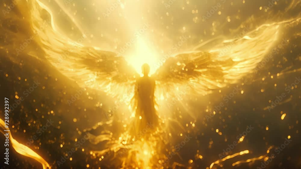 A divine being with shimmering golden wings adorned with ethereal ribbons of light guides souls through the infinite expanse of the astral realm.