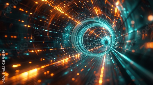 Warp speed through a neon-lit digital tunnel, with streaks of orange and blue light creating a dynamic abstract backdrop