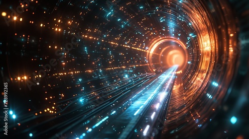 Futuristic journey down an illuminated tunnel of light, where vibrant streaks meet to create high-speed motion photo