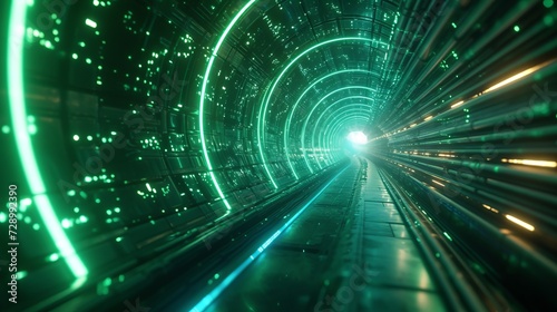 Green light beams through an abstract tunnel, creating a sense of high-speed movement and futuristic energy. Green vibrant high-speed voyage