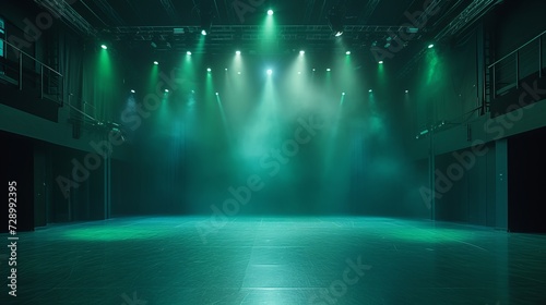 Modern dance stage set for a dynamic performance, with green lights reflecting off the polished floor and a spotlight ready to shine © Twinny B Studio