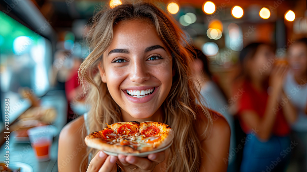 laughing girl with friends in a pizzeria