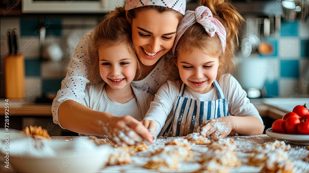 young mother and two daughters baking cookies in the kitchen young mother and two daughters baking cookies in the kitchen