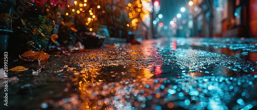 ad view of a wet street at night with lights