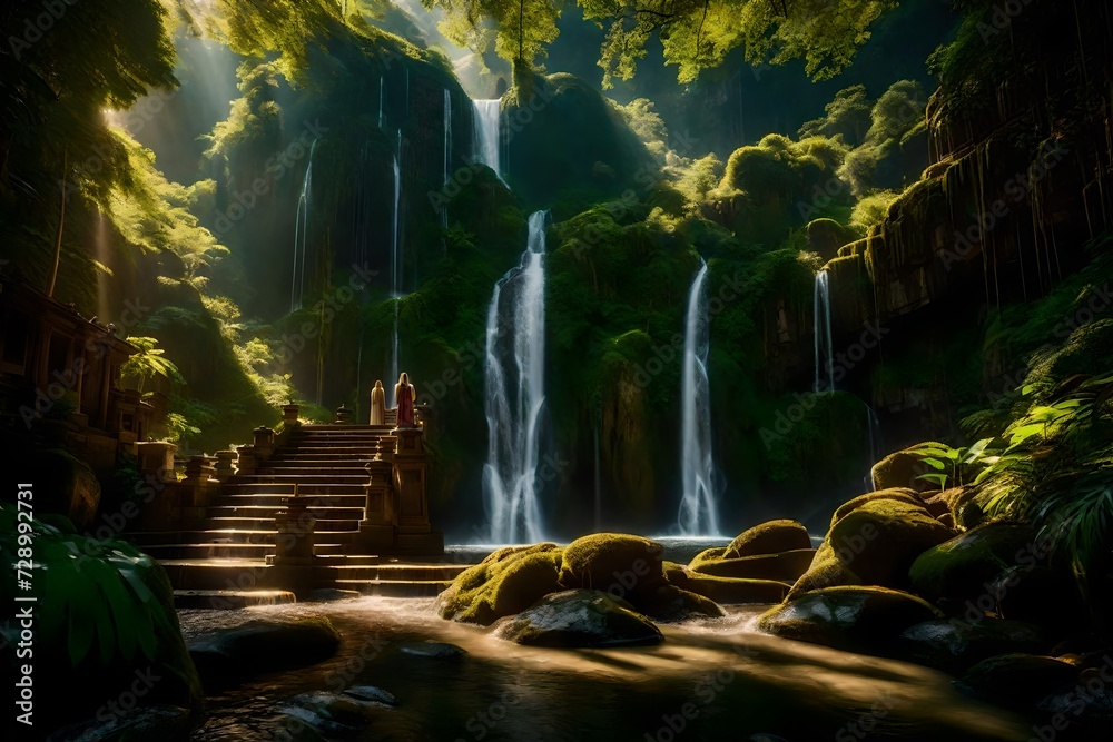 A hidden mountain temple nestled in a lush forest, with a cascading waterfall providing a sense of serenity. Sunlight filters through the leaves, casting a magical glow