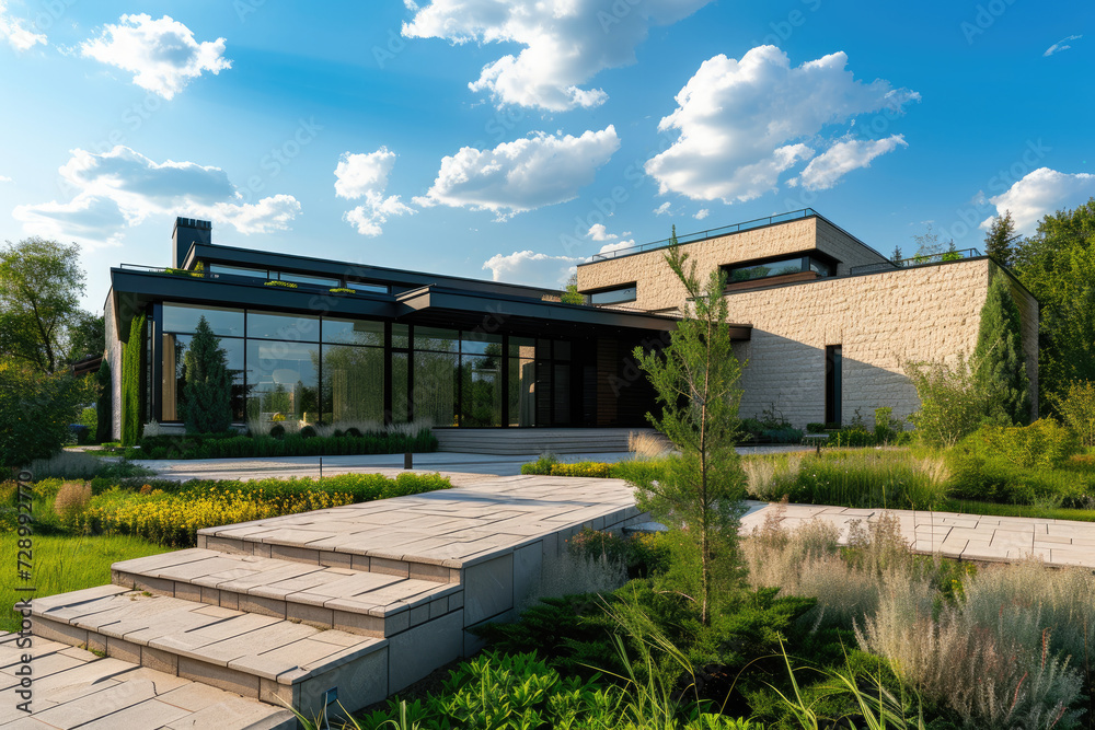 modern house facade in summer with grass and trees