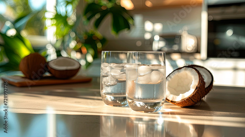 glasses of coconut water with ice on the table