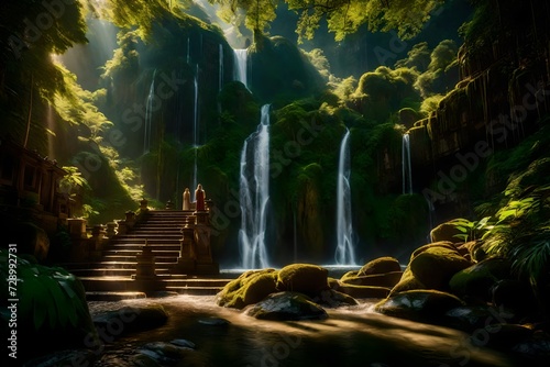 A hidden mountain temple nestled in a lush forest  with a cascading waterfall providing a sense of serenity. Sunlight filters through the leaves  casting a magical glow