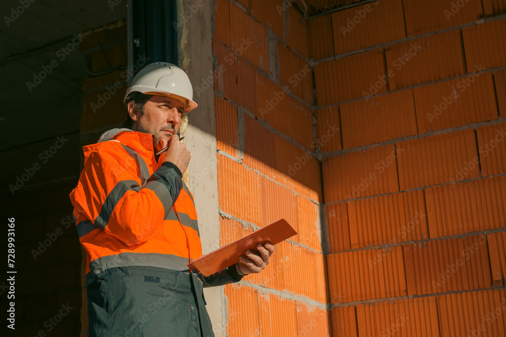 Building contractor and construction engineer making sketches and writing notes on building site Building contractor and construction engineer making sketches and writing notes on building site