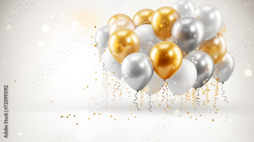 Wallpaper Mural happy birthday with golden and silver air balloon on white background with glitter confetti. Torontodigital.ca