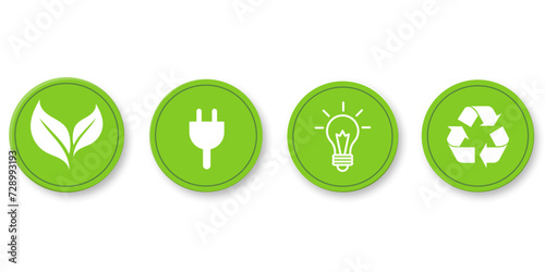 Sustainability concept icon collection. Recycle icon, renewable energy icon, think green icon