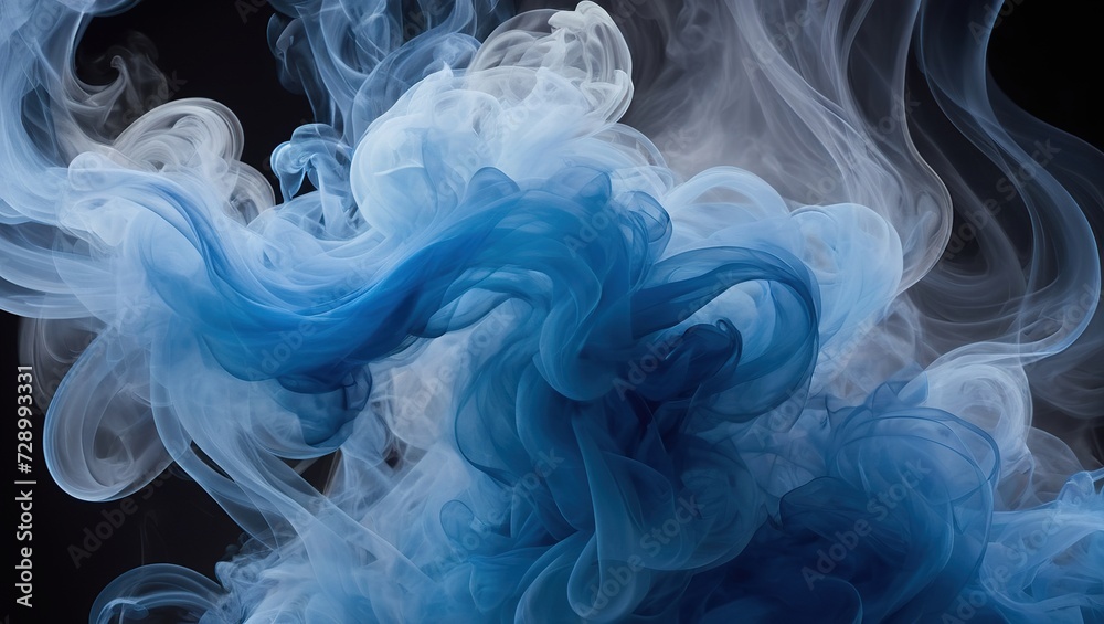 Fototapeta premium Blue Fire Dance in Smooth Black Waves: A Soft and Colored Mist of Smoke, Light, and Motion
