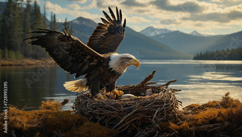 Experience of witnessing a bald eagle's controlled descent onto a lakeside nest and convey the significance of the moment as the eagle provides a glimpse into the circle of life in the natural world