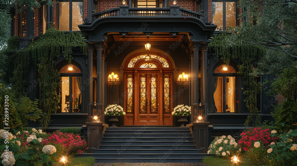 The grand entrance of a Victorian house, focusing on the detailed door, stained glass, and welcoming steps