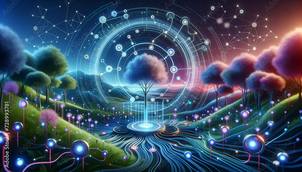 Futuristic random forest algorithm with holographic interface and high-tech gadgets in a vibrant forest. Futuristic random forest algorithm with holographic interface and high-tech gadgets in a vibrant forest.