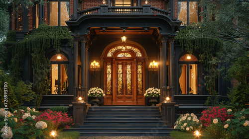 The grand entrance of a Victorian house  focusing on the detailed door  stained glass  and welcoming steps