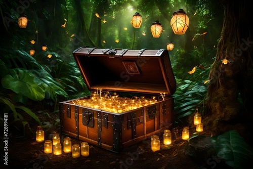 A mystic, glowing treasure chest hidden in the heart of a magical jungle, filled with extraordinary birthday surprises and illuminated by enchanted fireflies