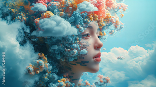 Dreamy Cloudscape Art Portrait, artistic portrayal of a person with a headpiece made of colorful clouds against a blue sky, merging surrealism with beauty photo