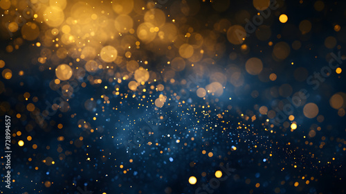 blue and gold particle abstract background with bokeh like a christmas golden light shining on navy blue background, holiday, festival, glitter texture