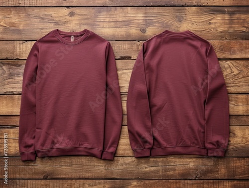 Blank Maroon Long Sleeve T Shirt Mockup Front and back on Wooden aesthetic Background. Maroon T-Shirt Template. Ai Generated photo