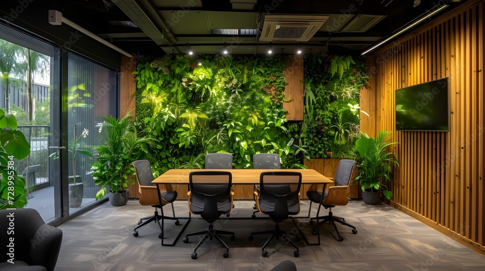 Open plan office with lush plant living walls for green and productive workspace ambiance