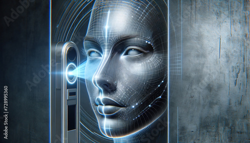 Futuristic facial recognition scanner illuminating human face in semi-profile view.