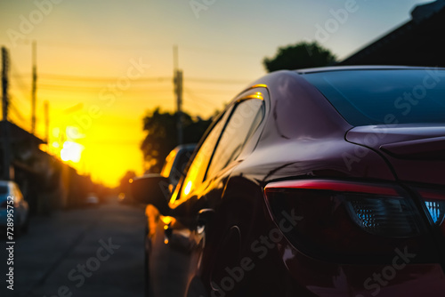 close up travel car on street automotive roadtrip on sunset background for transport, travel of nature to vehicle auto landscape light the sun for journey trip summer and lifestyle 2024 © OATZ TO GO FACTORY
