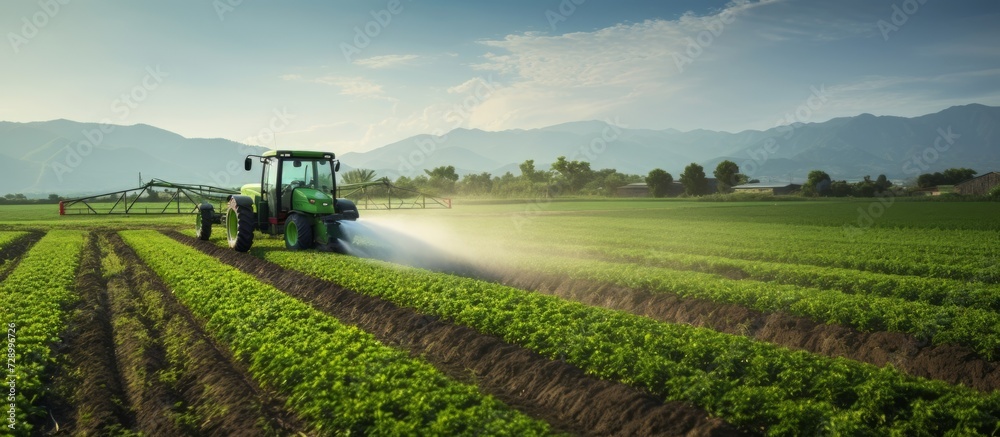 A green field with a tractor spraying crops, exemplifying modern farming practices - obrazy, fototapety, plakaty 