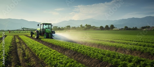 A green field with a tractor spraying crops, exemplifying modern farming practices