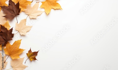 On a white canvas  a striking border frame takes shape  comprised of colorful autumn leaves
