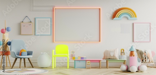 A series of empty frame mockups with a bright  fluorescent acrylic border  set in a playful  modern children s room.