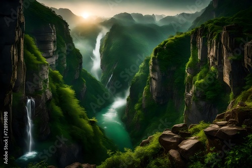 A lush green valley nestled between rugged  rocky cliffs  with a cascading waterfall flowing down from the heights. The misty air adds an aura of mystery to the scene