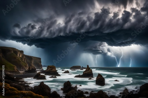 A dramatic, thunderstorm-filled sky over a remote, rugged coastline with towering sea stacks