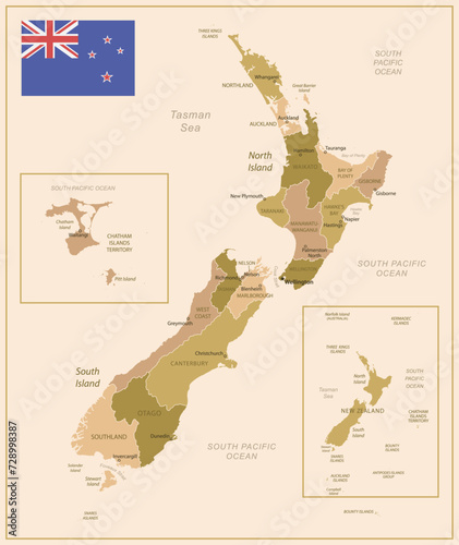 New Zealand - vintage map of the country in brown-green colors.
