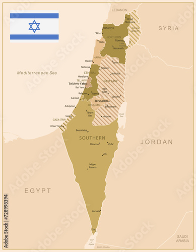 Israel - vintage map of the country in brown-green colors.