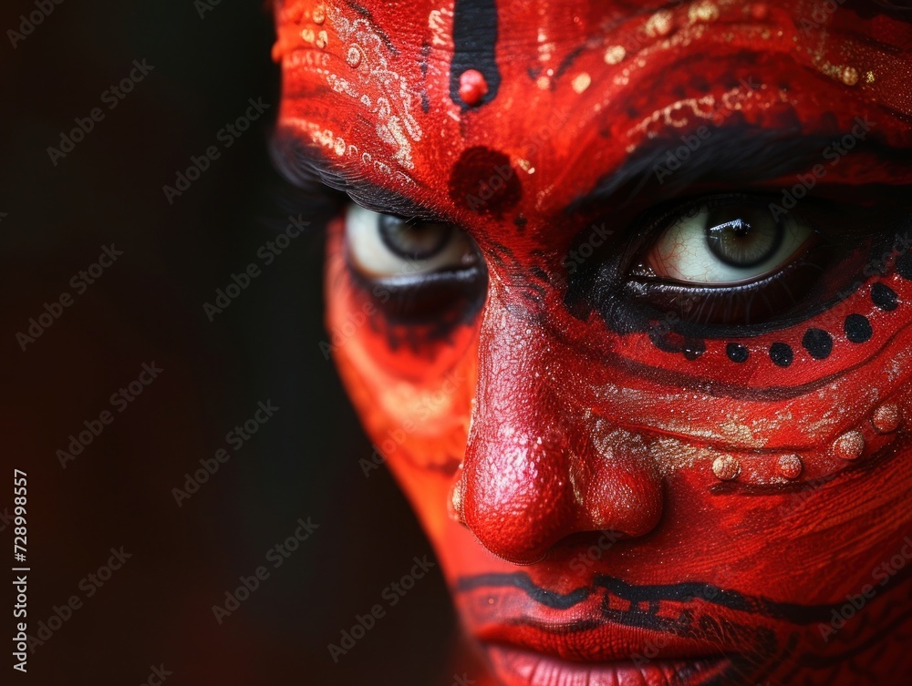 Makeup Theyyam ritual art from kerala. Theyyam traditional dance face on black background. ai is generated