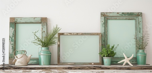 A set of empty frame mockups with a distressed, seafoam green finish, adding a beachy vibe to a coastal home.