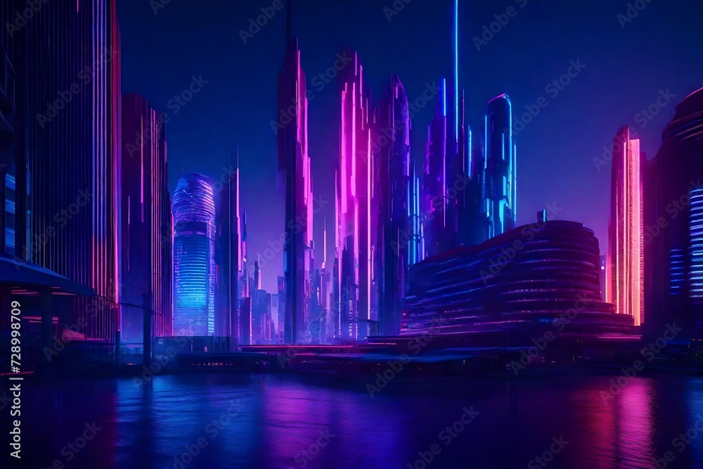 A futuristic cityscape at twilight, bathed in neon lights and surrounded by striking, ultra-modern architectural textures, all seen through the lens of an HD camera