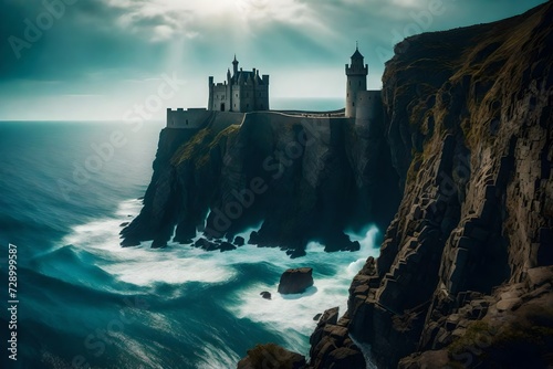 A mystical, ancient castle perched on the edge of a steep cliff, overlooking a vast, endless ocean with waves crashing against the rocks below