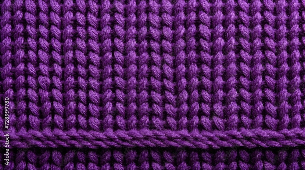 The texture of the knitted fabric. The yarn is purple in color. Close-up of the rows and patterns of the knitted product. The texture of the knitted fabric. The yarn is purple in color. Close-up of the rows and patterns of the knitted product.