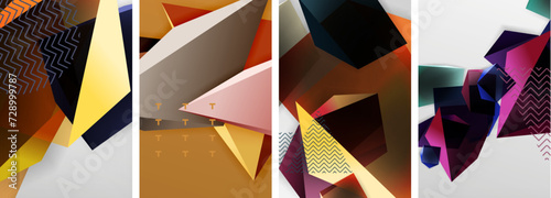 Trendy low poly 3d triangle shapes and other geometric elements background designs for wallpaper, business card, cover, poster, banner, brochure, header, website