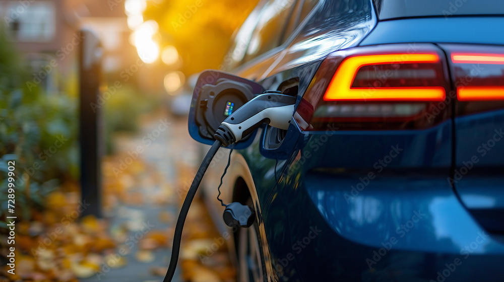 General AI power plugs at charging stations are the focus of this illustration, where electric cars, including an EV electric car at a single station, charge. It represents the green cars of the forth