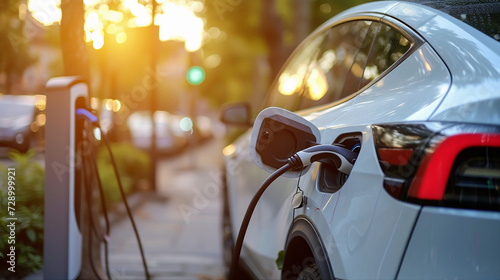 Electric vehicles, highlighted in this general AI illustration, charge at stations with specialized power plugs. An EV electric car is shown plugged in at a single station, symbolizing green cars of t