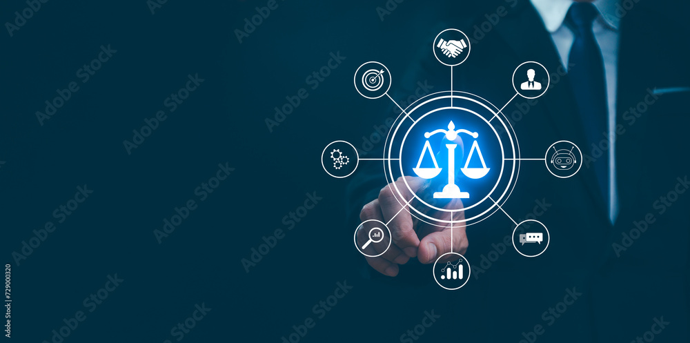 Business Ethics Concept. AI ethics or AI Law concept. Developing AI codes of ethics. Compliance, regulation, standard, business policy and responsibility. Machine learning algorithms. - obrazy, fototapety, plakaty 