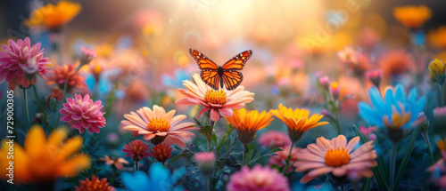 Fototapeta Naklejka Na Ścianę i Meble -  The monarch butterfly flies over the bright flowers of echinacea at sunset